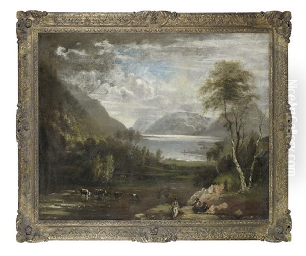 Fishermen By A River In A Carved Frame Oil Painting by Benjamin (of Bath) Barker