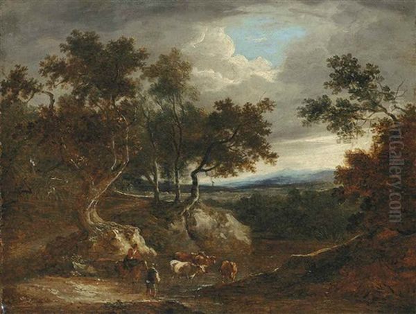 An Extensive Wooded Landscape With Herdsmen And Cattle by Benjamin (of Bath) Barker