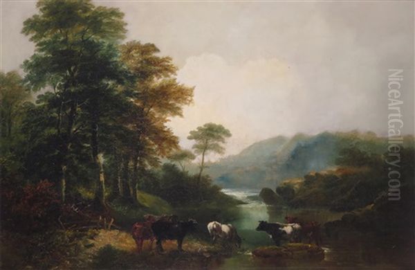 Cattle Watering In A River Landscape Oil Painting by Benjamin (of Bath) Barker