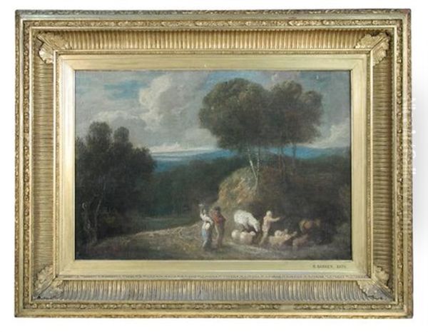 A Shepherdess With Cattle And Sheep On A Path Oil Painting by Benjamin (of Bath) Barker