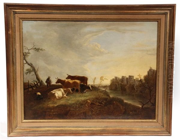 Pastoral Scene With River Castle Ruins Oil Painting by Benjamin (of Bath) Barker