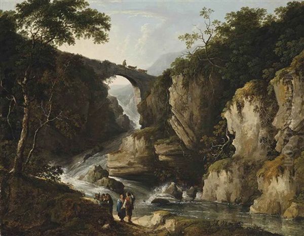 A Wooded Landscape With Figures On A Track, A Bridge Beyond Oil Painting by Benjamin (of Bath) Barker