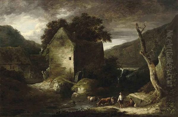 A Wooded River Landscape With Drovers And Their Cattle By A Watermill Oil Painting by Benjamin (of Bath) Barker