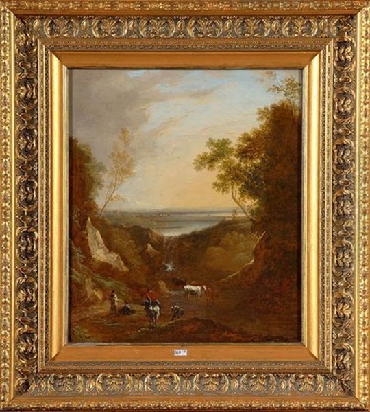 La Halte Des Paysans Et De Leur Troupeau A La Cascade Oil Painting by Benjamin (of Bath) Barker