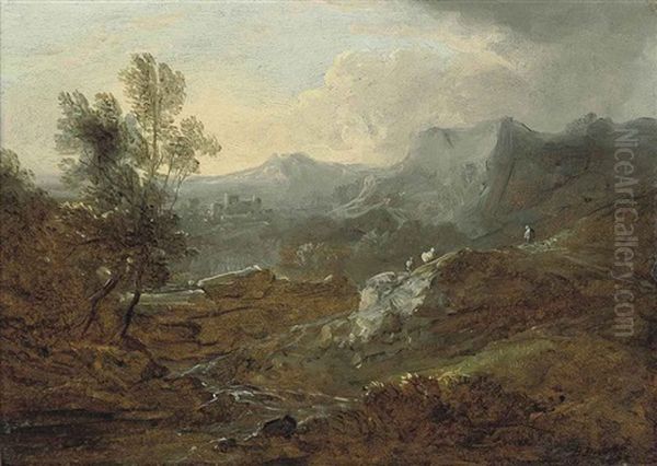 A Mountainous River Landscape With A Shepherd And His Flock, A Fortified Town Beyond Oil Painting by Benjamin (of Bath) Barker