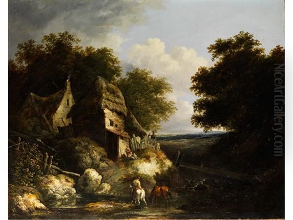 Landschaft Mit Strohgedeckten Hutten Unter Baumkronen Mit Figurenstaffage Und Pferden Am Fluss Oil Painting by Benjamin (of Bath) Barker