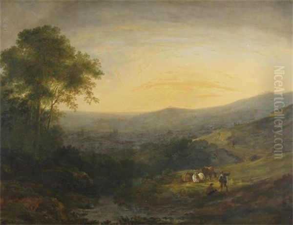 Rustics In An Extensive Landscape With A Distant Town, Possibly Bath Oil Painting by Benjamin (of Bath) Barker