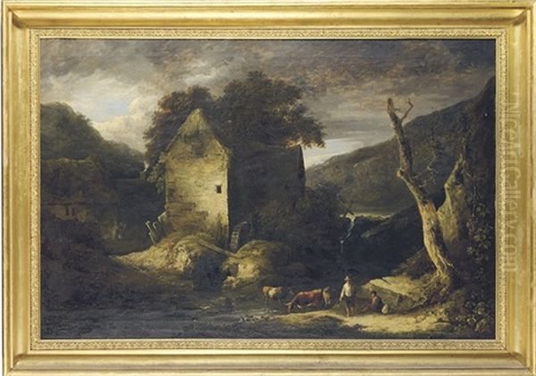 A Pastoral Landscape With A Watermill, Figures And Cattle In The Foreground Oil Painting by Benjamin (of Bath) Barker