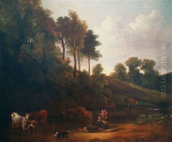 Country Children Watching Cattle Drinking At A Stream Oil Painting by Benjamin (of Bath) Barker