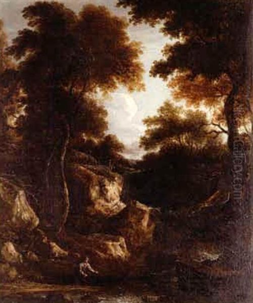 A Fisherman At A Pool In A Rocky Wooded Landscape Oil Painting by Benjamin (of Bath) Barker