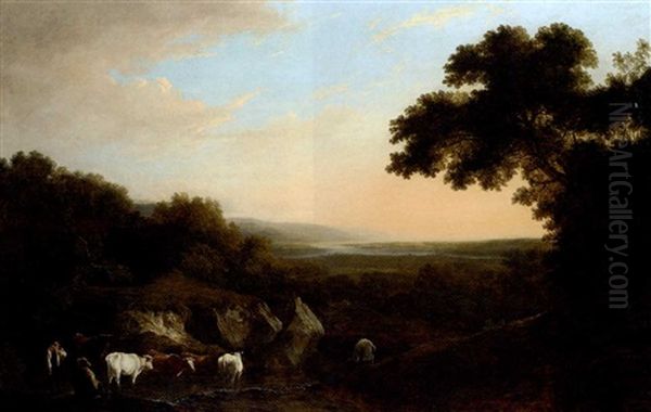 An Extensive Wooded Landscape, With Cattle And Figures In The Foreground And The Coast Beyond Oil Painting by Benjamin (of Bath) Barker