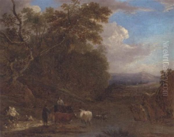 A Drover With Cattle Watering Oil Painting by Benjamin (of Bath) Barker