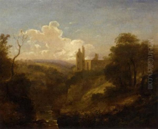 A Wooded Valley Landscape With A Castle Beyond Oil Painting by Benjamin (of Bath) Barker