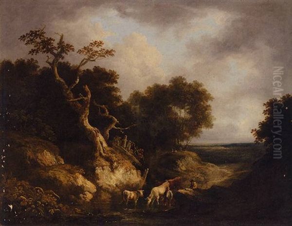 Landscape With Cattle Walking In A Rocky Stream Oil Painting by Benjamin (of Bath) Barker