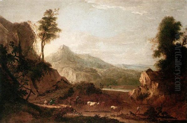 A Mountainous Landscape With Rustics In The Foreground Oil Painting by Benjamin (of Bath) Barker