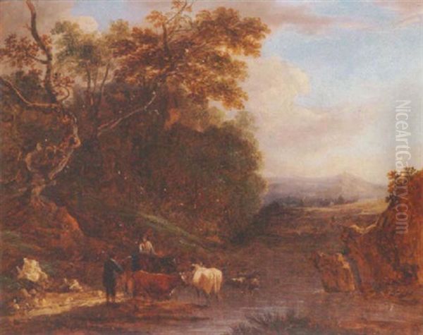 A Wooded Landscape With A Cowherd Watering His Livestock And Conversing With A Traveller Oil Painting by Benjamin (of Bath) Barker