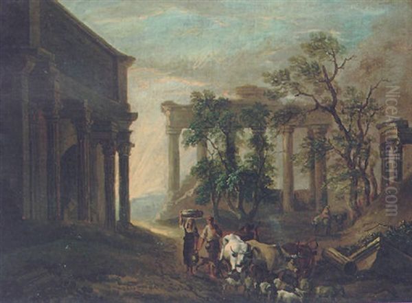 Peasants And Livestock By The Arch Of Constantine, Rome Oil Painting by Benjamin (of Bath) Barker