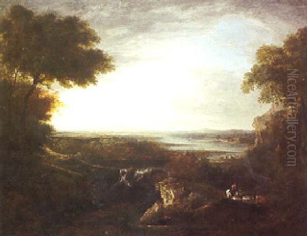 An Landscape With A Herdsman Driving His Flock Oil Painting by Benjamin (of Bath) Barker