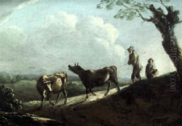 Shepherds With Cattle On A Country Lane Oil Painting by Benjamin (of Bath) Barker