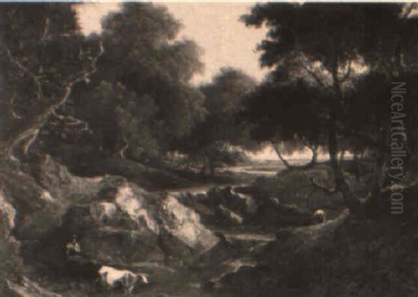 Angler, Cattle And Drover In A Wooded River Landscape Oil Painting by Benjamin (of Bath) Barker