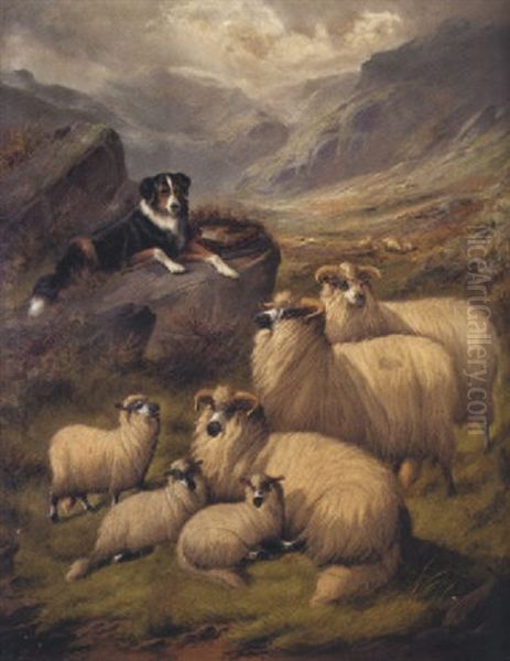 A Sheepdog And Flock In The Highlands Oil Painting by John Barker