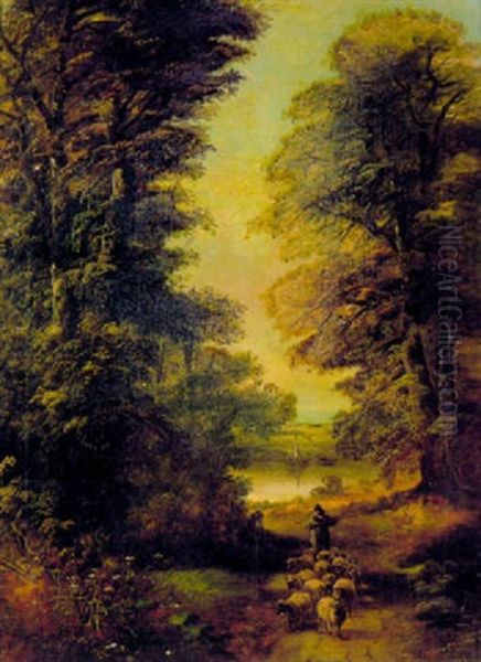 A Shepherd Herding His Sheep On A Wooded Pathway Oil Painting by John Barker