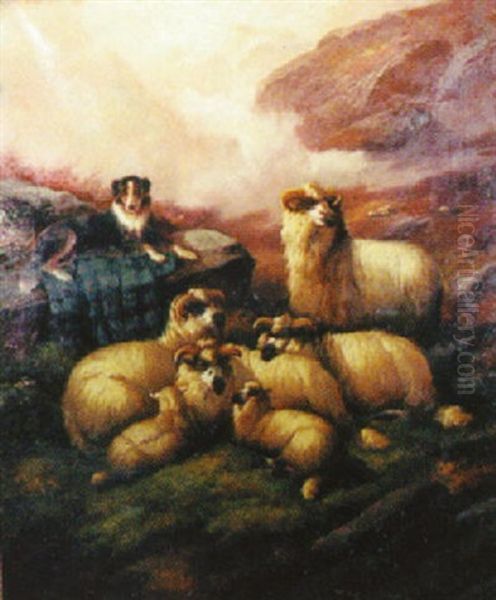 Flock Of Ram With Dog Keeping Watch Oil Painting by John Barker