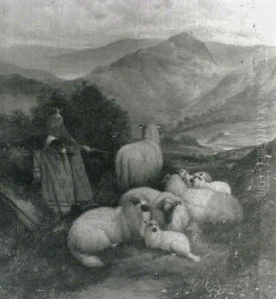 Sheep And Sheepdogs In A Highland Landscape Oil Painting by John Barker