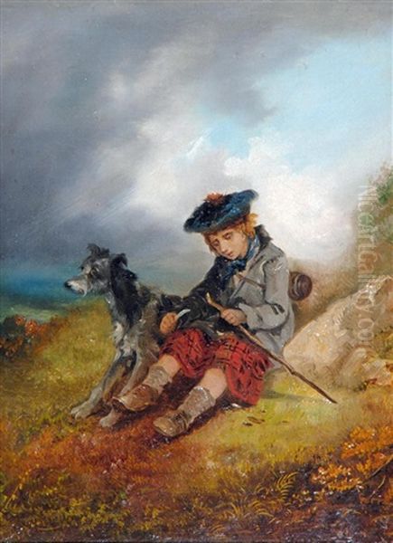 Highland Boy Sitting And Whittling A Stick,  Deerhound At His Sid Oil Painting by John Barker