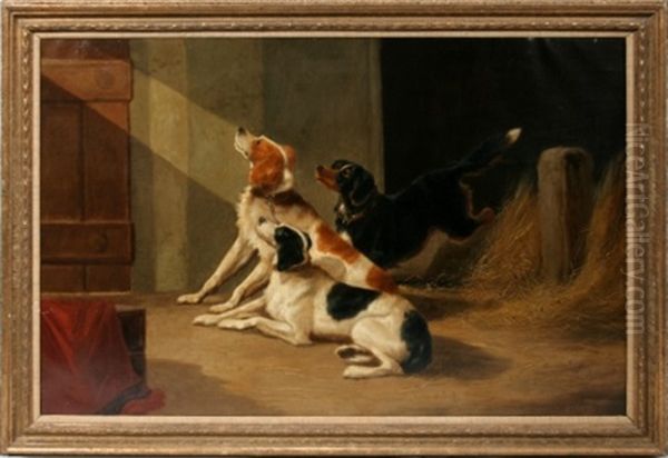 Three Setters In A Barn Oil Painting by John Barker