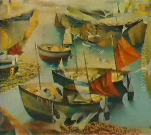 Fishing Boats In The Harbour, Low Tide, Fowery Oil Painting by John Edward Barker