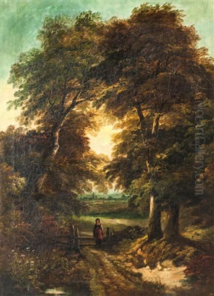 Woodland Path With A Young Woman Oil Painting by John Joseph (of Bath) Barker