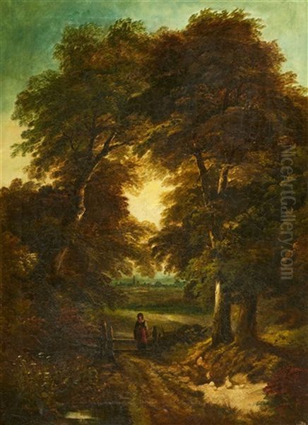 Woodland Path With A Young Woman Oil Painting by John Joseph (of Bath) Barker