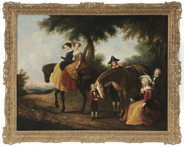 A Family On An Equestrian Outing Oil Painting by John Joseph (of Bath) Barker