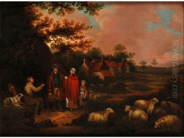 A Shepherd Conversing With A Family Whilst His Sheep Rest By The Side Of The Road, With Buildings Beyond Oil Painting by John Joseph (of Bath) Barker