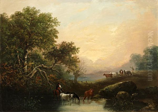 Wooded River Landscape With Cattle Watering (+ Another; Pair) Oil Painting by John Joseph (of Bath) Barker