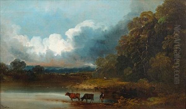 River Landscape With Cattle Watering (+ Another, Similar; Pair) Oil Painting by John Joseph (of Bath) Barker