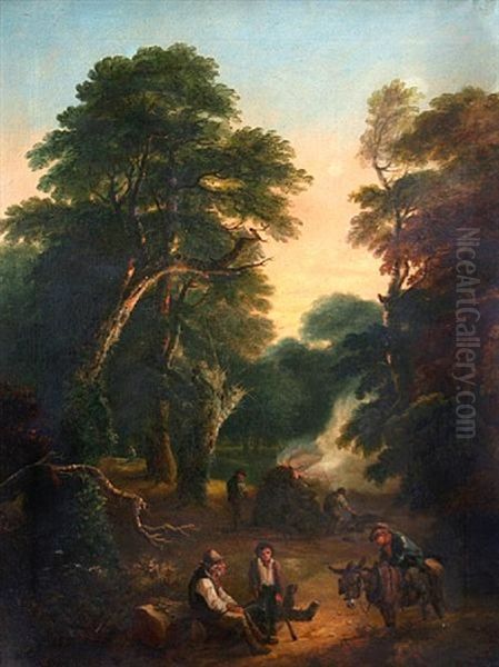 Charcoal Burners In A Woodland Clearing Oil Painting by John Joseph (of Bath) Barker