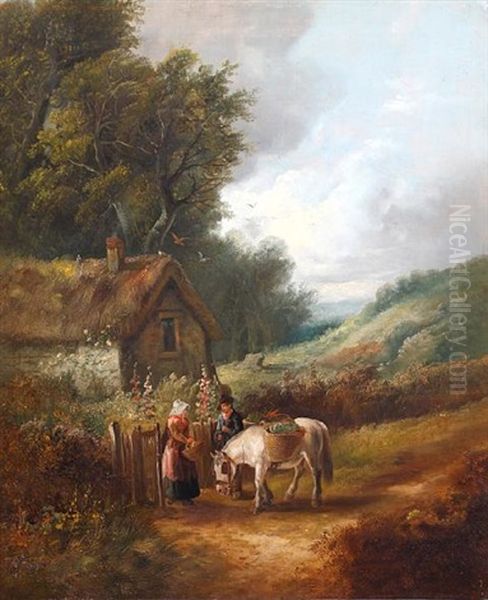 Figures And Horse Before A Country Cottage (+ Figures On A Woodland Path; Pair) Oil Painting by John Joseph (of Bath) Barker