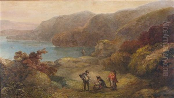 Figures On A Coastal Clifftop Path Oil Painting by John Joseph (of Bath) Barker