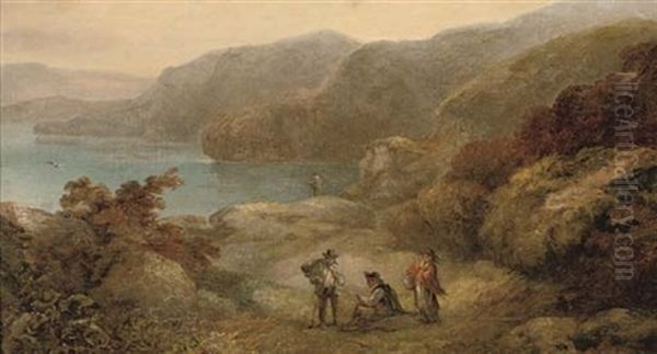 Figures On A Hillside Overlooking The Sea Oil Painting by John Joseph (of Bath) Barker