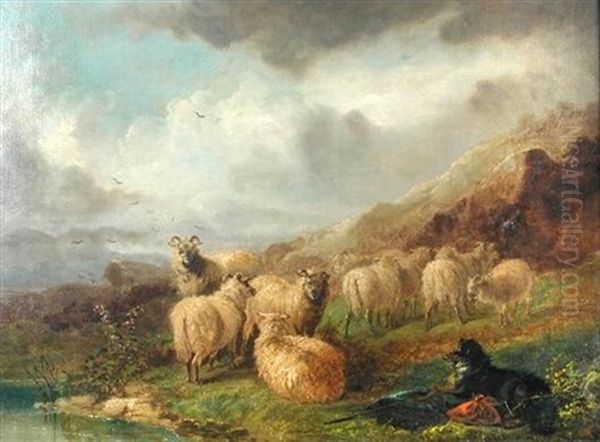 Sheep And A Collie In A Highland Landscape Oil Painting by John Joseph (of Bath) Barker