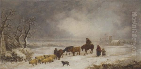 Return From Market In Winter Oil Painting by John Joseph (of Bath) Barker