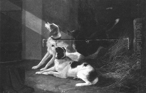 Dogs In A Stable Interior Oil Painting by John Joseph (of Bath) Barker