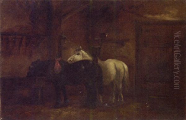 Horses In A Stable Interior Oil Painting by John Joseph (of Bath) Barker