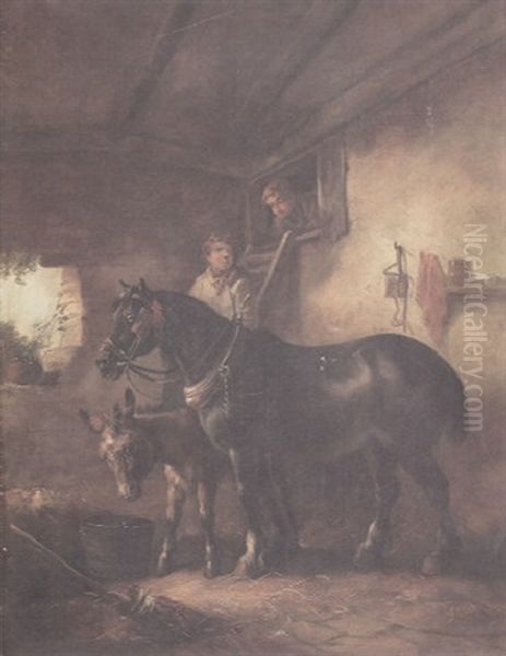 A Stable Interior With A Horse And A Donkey With Two Stable Boys Behind Oil Painting by John Joseph (of Bath) Barker