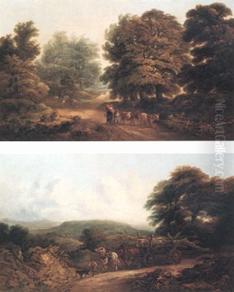 Wooded Landscape With Travellers On A Path Oil Painting by John Joseph (of Bath) Barker