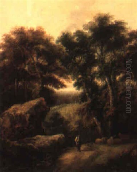 Wooded Landscape With A Shepherd On A Path Oil Painting by John Joseph (of Bath) Barker