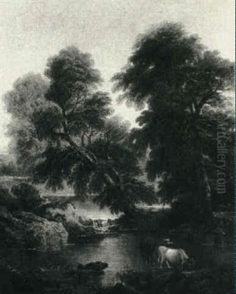 Cows Watering In A Wooded River Oil Painting by John Joseph (of Bath) Barker