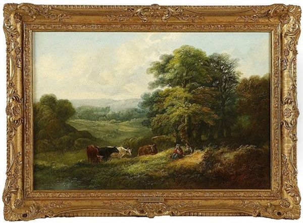 Figures Resting In A Landscape, With Cattle By A Pond Oil Painting by John Joseph (of Bath) Barker